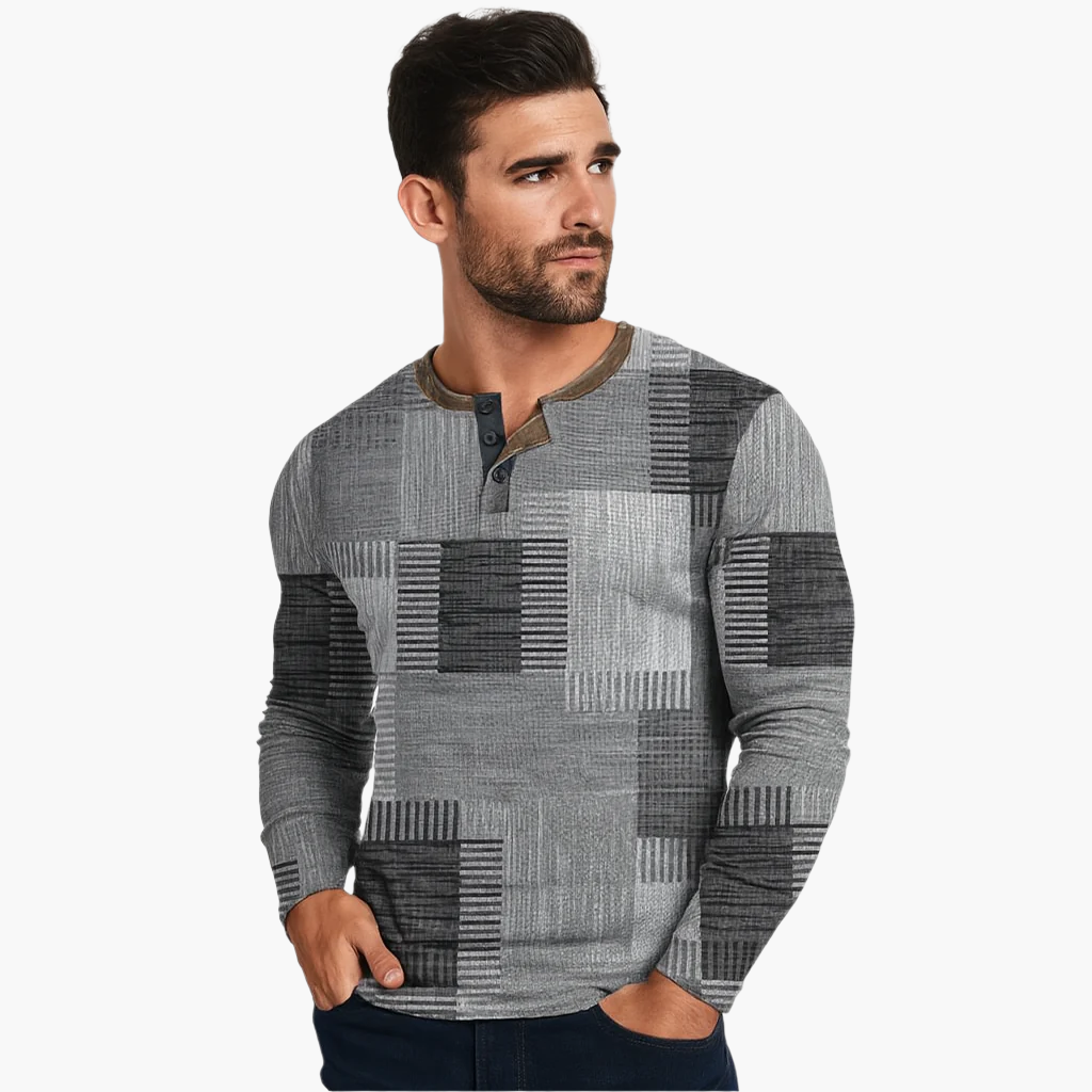 Herren Patchwork Henley Langarmshirt – Modischer Freizeitpullover für Herbst und Winter