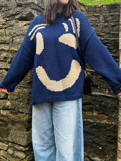 Damen Strickpullover mit abstraktem Gesichtsmotiv – Gemütlicher Wochenend- und Freizeit-Look