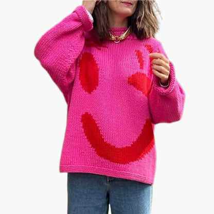 Damen Strickpullover mit abstraktem Gesichtsmotiv – Gemütlicher Wochenend- und Freizeit-Look