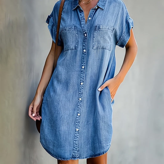 Damen Freizeit Jeanskleid Hemdblusenkleid Lockerer Schnitt – Perfekt für Alltag und Sommer
