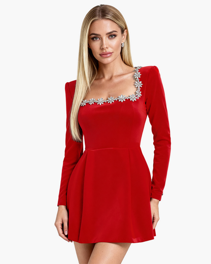 Damen Festliches Minikleid mit Kristallverzierung und langem Arm – Elegantes Abendkleid für besondere Anlässe