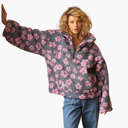 Damen Boho-Fleece-Pullover mit Blumenmuster – Kuscheliger Freizeit-Sweater für Herbst & gemütliche Abende