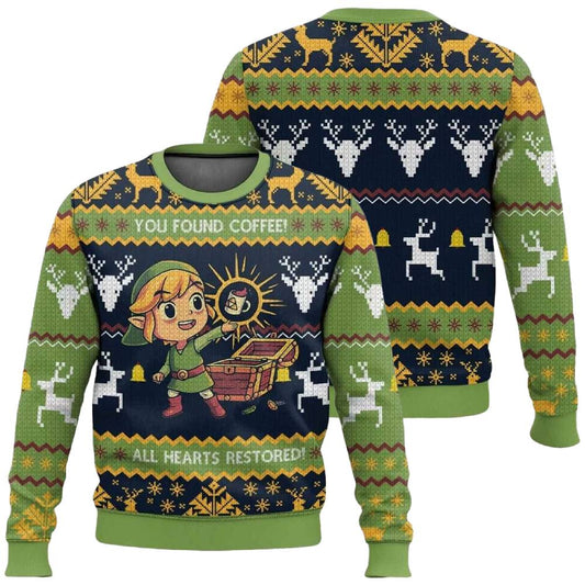 Unisex Gaming Ugly Christmas Sweater – Lustiger Retro-Pullover mit Coffee & Herz-Design für Fans