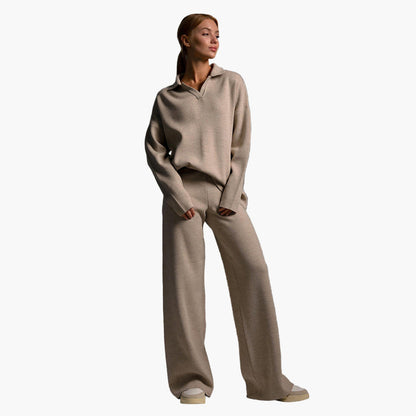 Damen Loungewear Set – Oversized Strickpullover mit Kragen und Weite Hose – Komfortabel & Modern für Zuhause und Freizeit