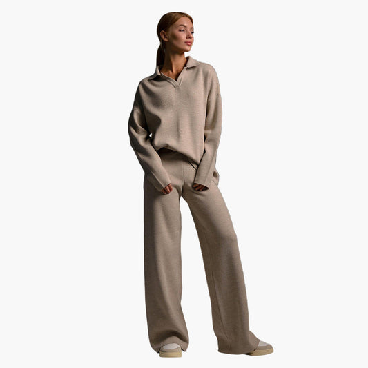 Damen Loungewear Set – Oversized Strickpullover mit Kragen und Weite Hose – Komfortabel & Modern für Zuhause und Freizeit