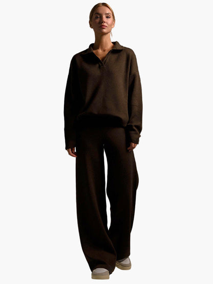 Damen Loungewear Set – Oversized Strickpullover mit Kragen und Weite Hose – Komfortabel & Modern für Zuhause und Freizeit