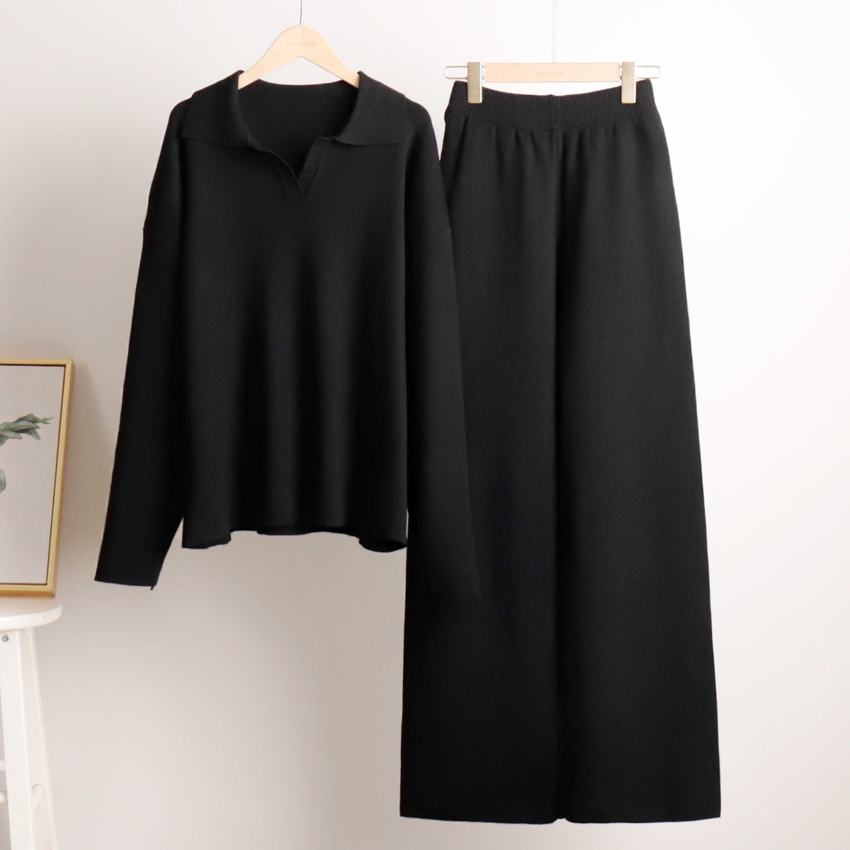 Damen Loungewear Set – Oversized Strickpullover mit Kragen und Weite Hose – Komfortabel & Modern für Zuhause und Freizeit