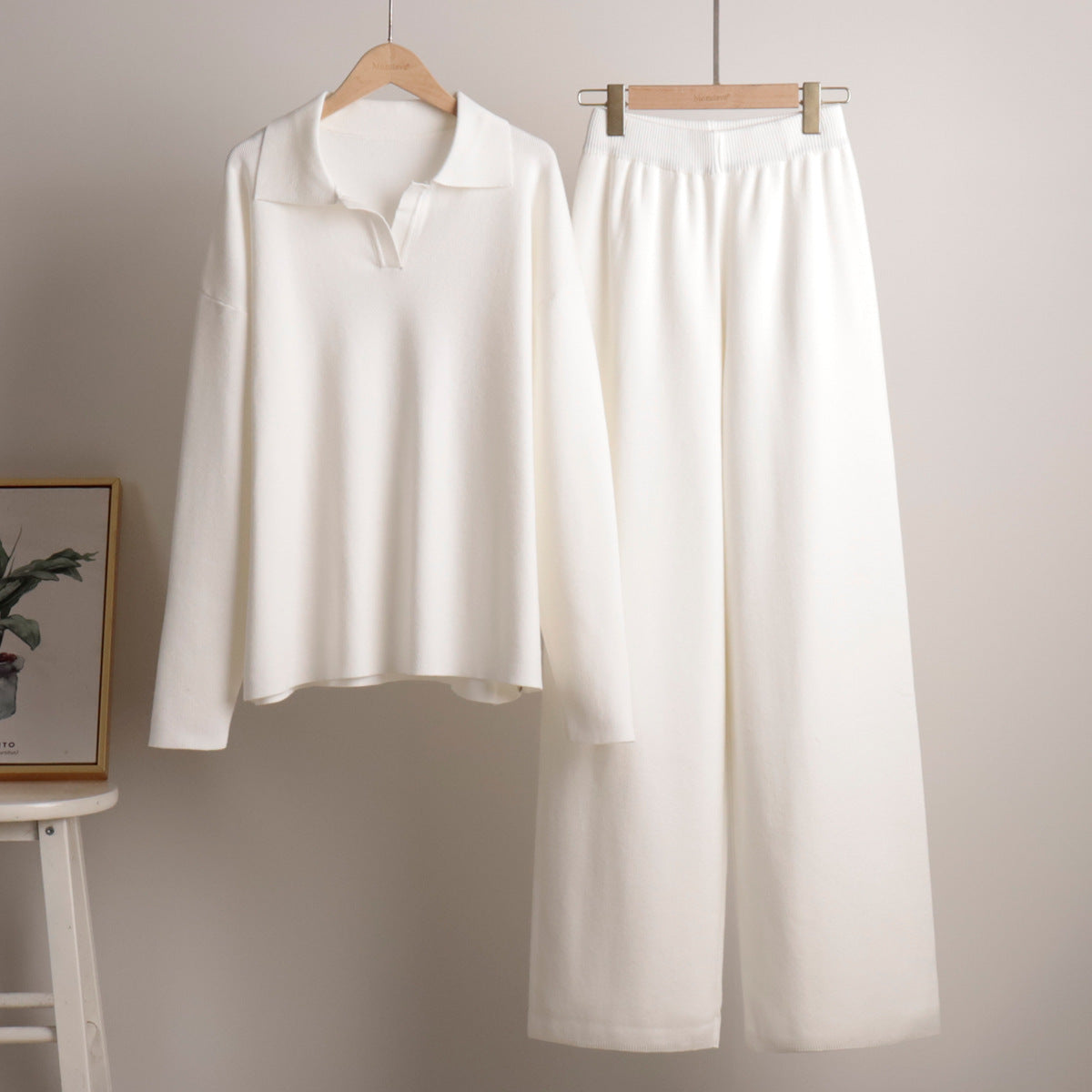 Damen Loungewear Set – Oversized Strickpullover mit Kragen und Weite Hose – Komfortabel & Modern für Zuhause und Freizeit