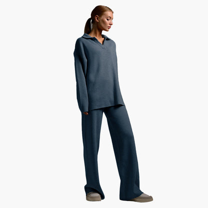 Damen Loungewear Set – Oversized Strickpullover mit Kragen und Weite Hose – Komfortabel & Modern für Zuhause und Freizeit