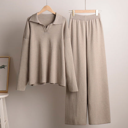 Damen Loungewear Set – Oversized Strickpullover mit Kragen und Weite Hose – Komfortabel & Modern für Zuhause und Freizeit
