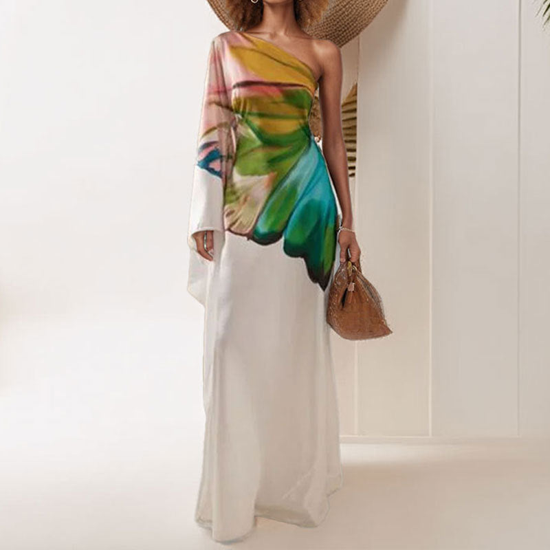 Ruby – Elegantes bedrucktes Satin-Kleid mit einer Schulter und Schlitz