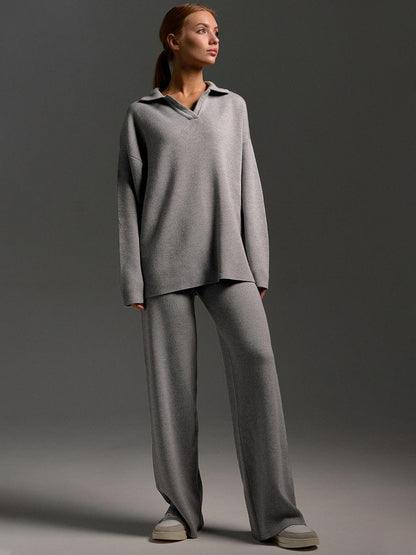 Damen Loungewear Set – Oversized Strickpullover mit Kragen und Weite Hose – Komfortabel & Modern für Zuhause und Freizeit