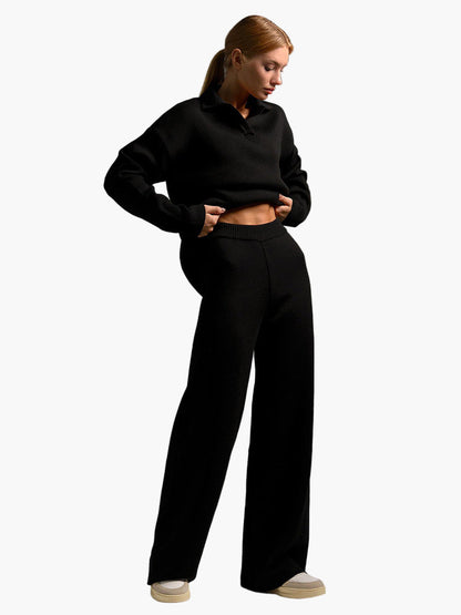 Damen Loungewear Set – Oversized Strickpullover mit Kragen und Weite Hose – Komfortabel & Modern für Zuhause und Freizeit