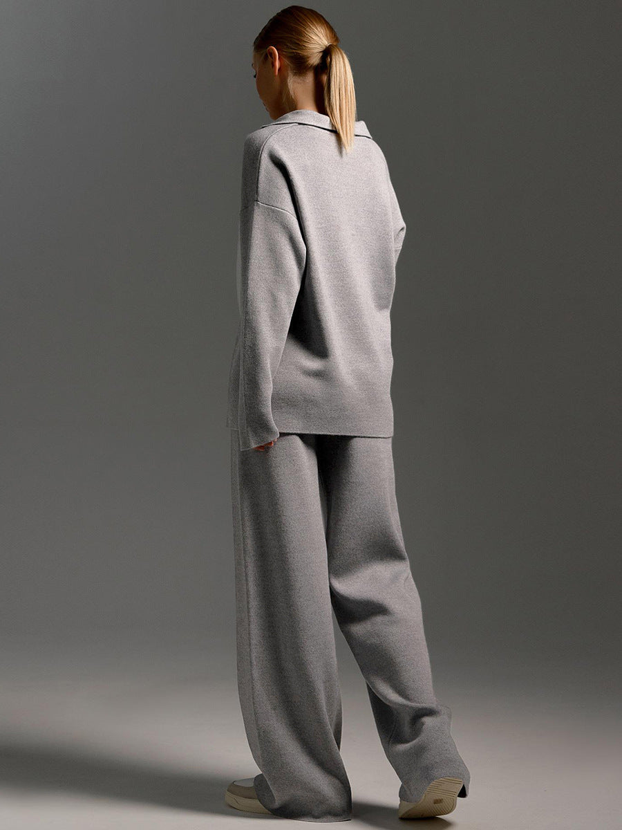 Damen Loungewear Set – Oversized Strickpullover mit Kragen und Weite Hose – Komfortabel & Modern für Zuhause und Freizeit