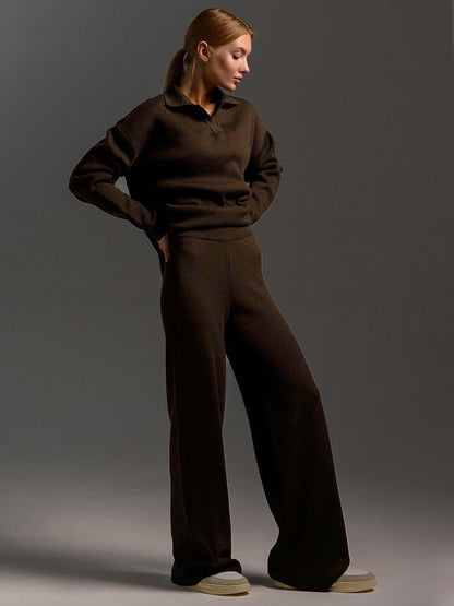 Damen Loungewear Set – Oversized Strickpullover mit Kragen und Weite Hose – Komfortabel & Modern für Zuhause und Freizeit