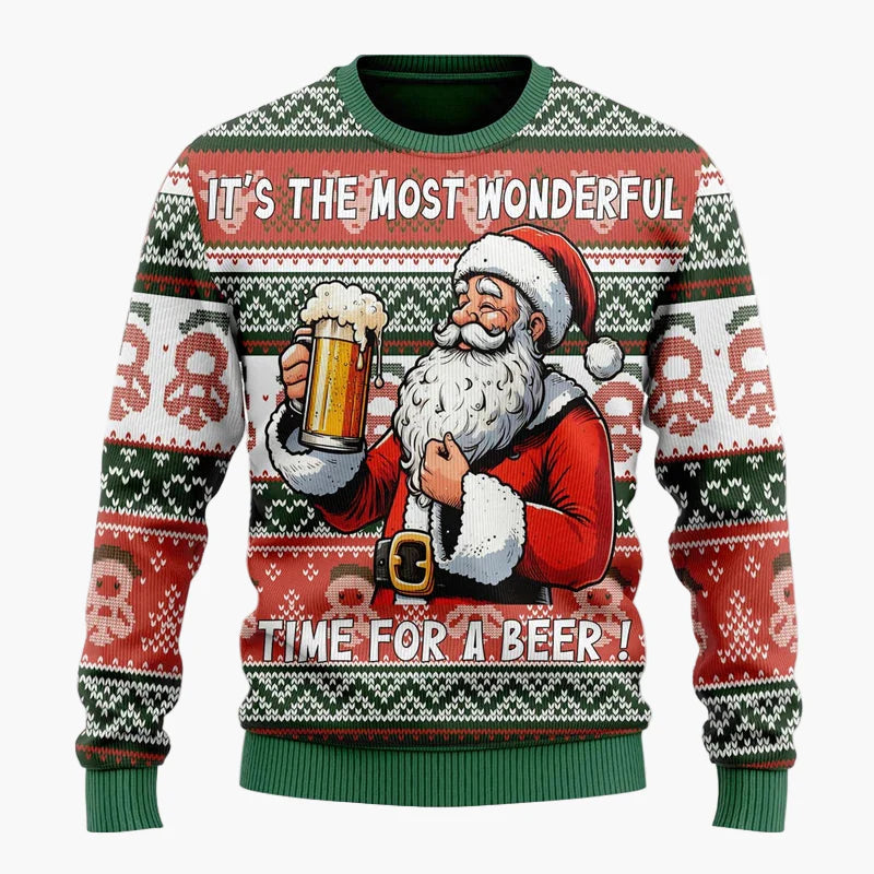 Herren Weihnachtspullover Lustig – Santa mit Bier, Ugly Christmas Sweater für Männer, Party & Festtage