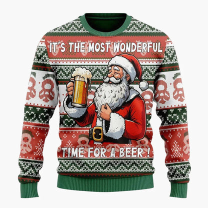 Herren Weihnachtspullover Lustig – Santa mit Bier, Ugly Christmas Sweater für Männer, Party & Festtage