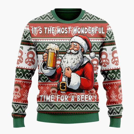 Herren Weihnachtspullover Lustig – Santa mit Bier, Ugly Christmas Sweater für Männer, Party & Festtage
