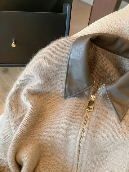 Damen Cropped Strickjacke mit Zipper und auffälligem Kragen – Modischer Freizeit-Look