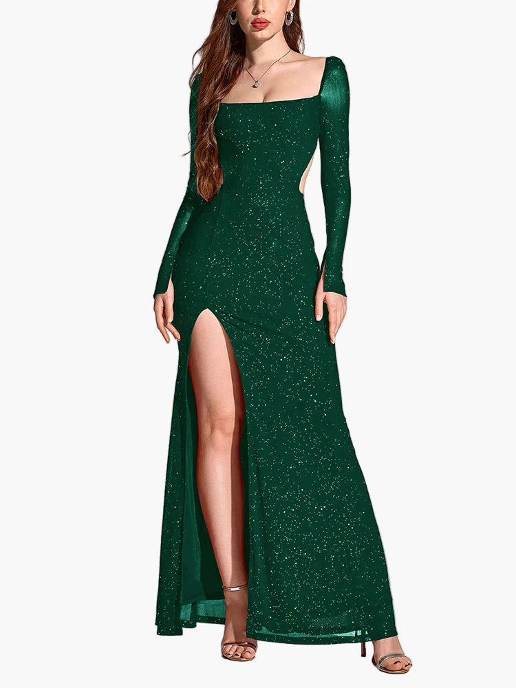 Damen Abendkleid mit Schlitz und Glitzer – Elegantes Maxikleid für festliche Anlässe