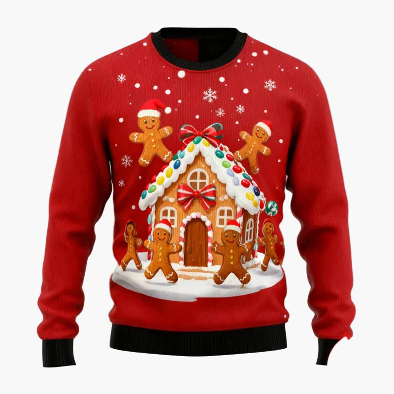 Herren Weihnachtspullover mit Lebkuchenmann, Lebkuchenhaus und Weihnachtsbaum – Lustiger Festlicher Ugly Christmas Sweater
