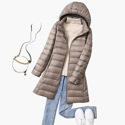 Damen Winter Steppmantel mit Kapuze – Stilvoller langer Outdoor-Puffer für Alltag und Freizeit