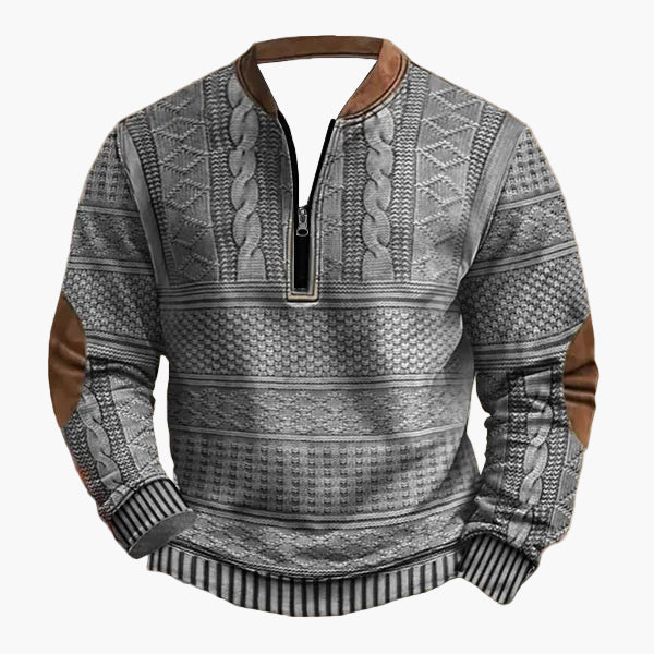Herren Strickpullover mit halbem Reißverschluss – Modischer Freizeit-Sweater im Patchwork-Look