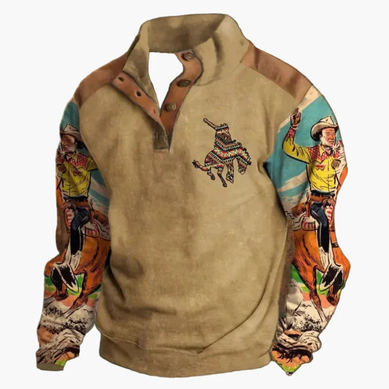 Herren Western Retro Pullover mit Cowboy-Print – Vintage Freizeitmode für Outdoor & Alltag