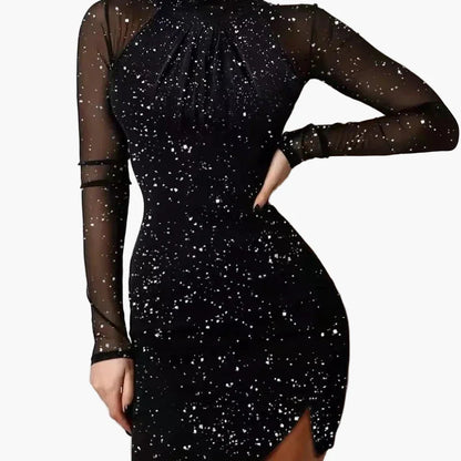 Damen Partykleid mit Glitzer-Effekt und Stehkragen – Elegantes Minikleid mit langen Ärmeln für festliche Anlässe