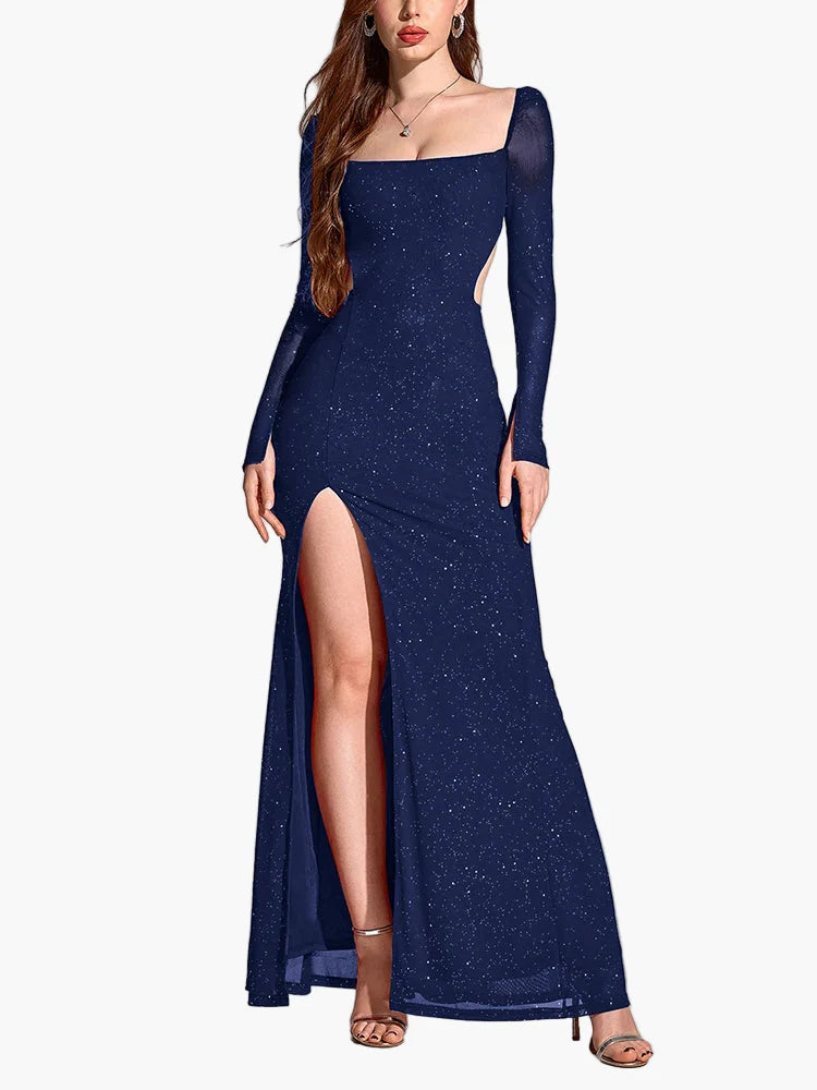 Damen Abendkleid mit Schlitz und Glitzer – Elegantes Maxikleid für festliche Anlässe