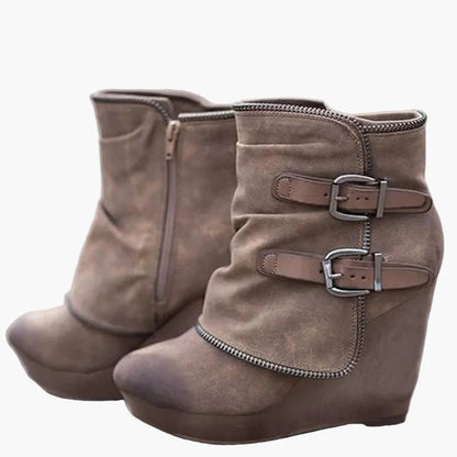 Damen Keilabsatz Stiefeletten mit Doppel-Schnalle für Herbst und Winter