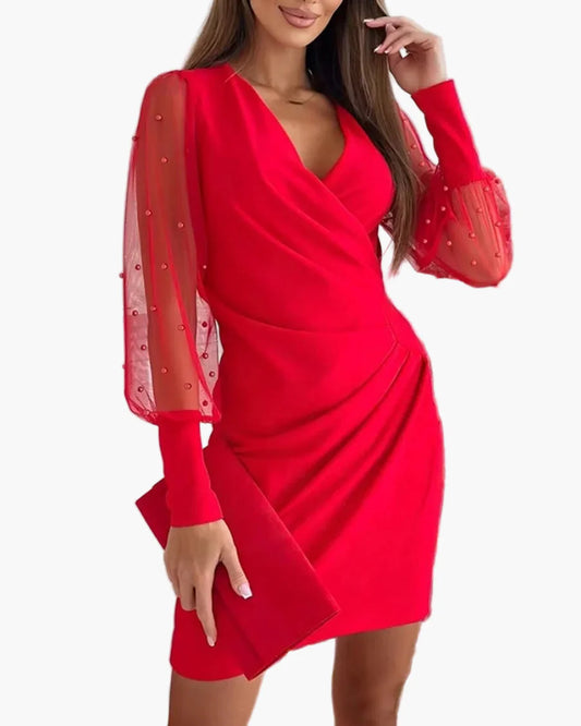 Damen Elegantes Cocktailkleid mit Transparenten Ärmeln und Wickeloptik – Perfekt für Feste & Partys