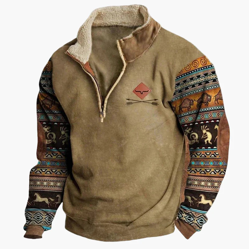 Herren Western Retro Fleece Pullover mit Ethno-Muster – Outdoor & Freizeit