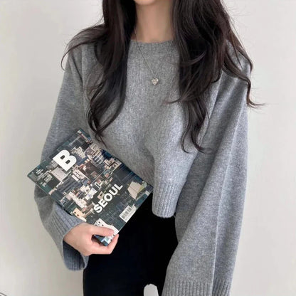 Damen Cropped Strickpullover mit weiten Ärmeln – Modisches Freizeit-Outfit