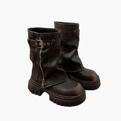 Damen Plateau Stiefel mit Reißverschluss und Schnalle – Trendige Mid-Calf Boots für Herbst & Winter