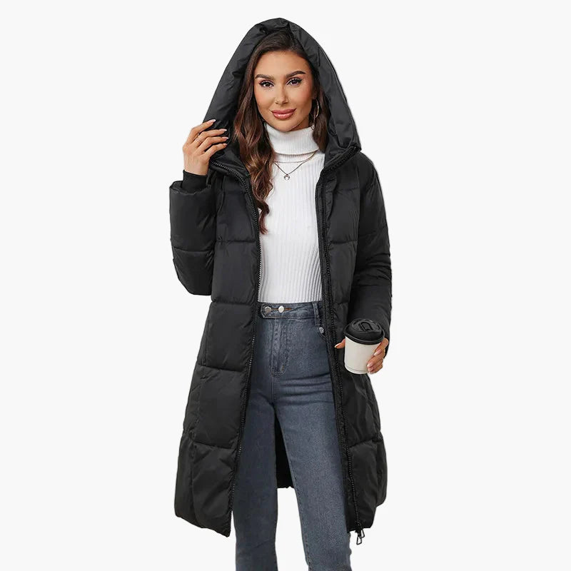 Damen Winter-Steppmantel mit Kapuze – Modischer langer Outdoor-Mantel für Alltag & Freizeit