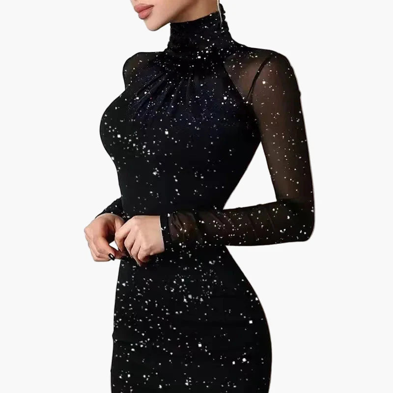 Damen Partykleid mit Glitzer-Effekt und Stehkragen – Elegantes Minikleid mit langen Ärmeln für festliche Anlässe