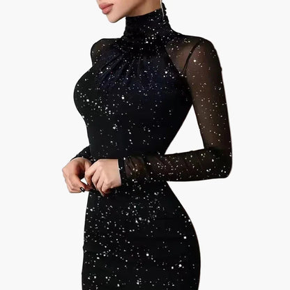 Damen Partykleid mit Glitzer-Effekt und Stehkragen – Elegantes Minikleid mit langen Ärmeln für festliche Anlässe