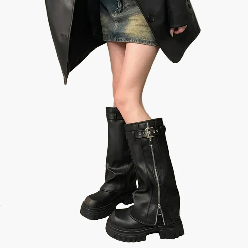 Damen Plateau-Stiefel mit Reißverschluss und Schnalle – Trendige Chunky Boots für Herbst und Winter