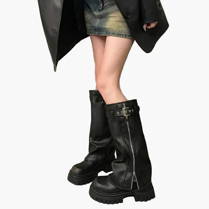 Damen Plateau-Stiefel mit Reißverschluss und Schnalle – Trendige Chunky Boots für Herbst und Winter