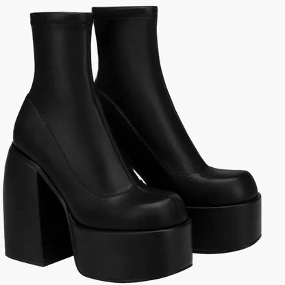 Damen Plateau Stiefeletten mit Blockabsatz – Trendige High Heel Boots für Partys und Alltag