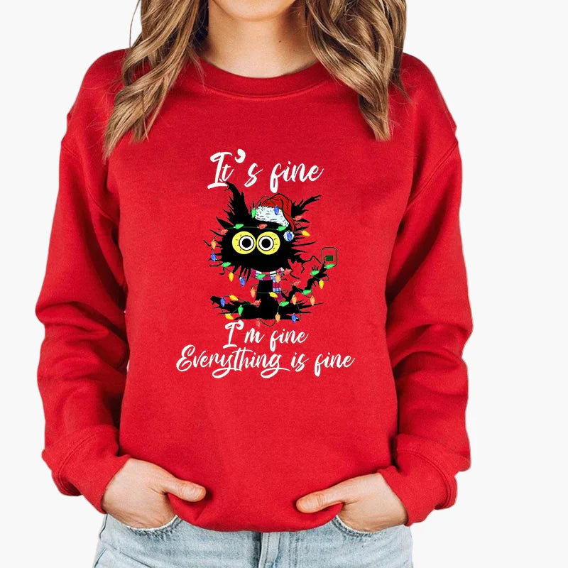 Damen Weihnachts-Sweatshirt mit Katze und Lichterkette – Lustiger Winter Pullover für Alltag & Feiertage