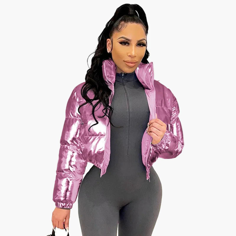 Damen Kurz Pufferjacke Streetstyle Wintermode – Glänzender Look für Alltag & Events