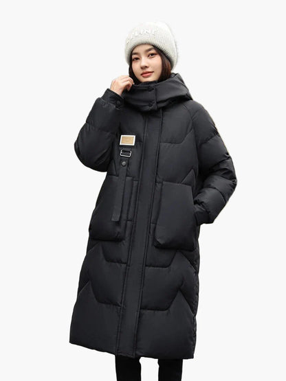 Damen Winter Steppmantel mit Kapuze – Langer, warmer Puffer-Mantel für Alltag und Outdoor