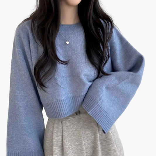Damen Cropped Strickpullover mit weiten Ärmeln – Modisches Freizeit-Outfit