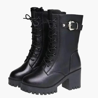 Damen Winter Stiefeletten mit Absatz und Schnürung, Warm Gefüttert, Modisch und Komfortabel