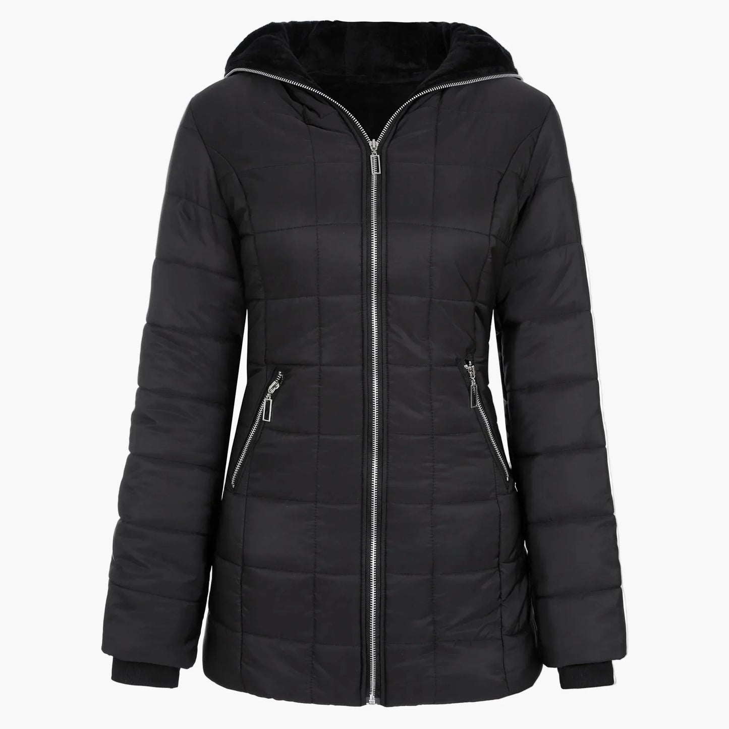 Damen Winter Steppjacke mit großer Kapuze und asymmetrischem Reißverschluss – Modischer Outdoor Mantel