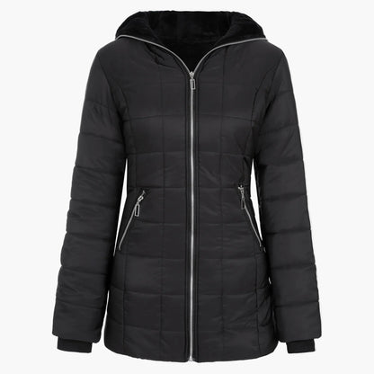 Damen Winter Steppjacke mit großer Kapuze und asymmetrischem Reißverschluss – Modischer Outdoor Mantel