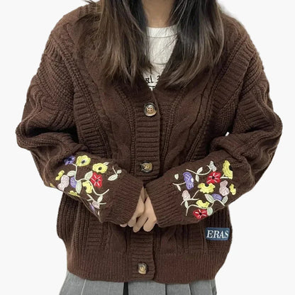 Damen Strickjacke mit Blumenstickerei und Vintage-Charme – Herbst/Winter Cardigan für Freizeit
