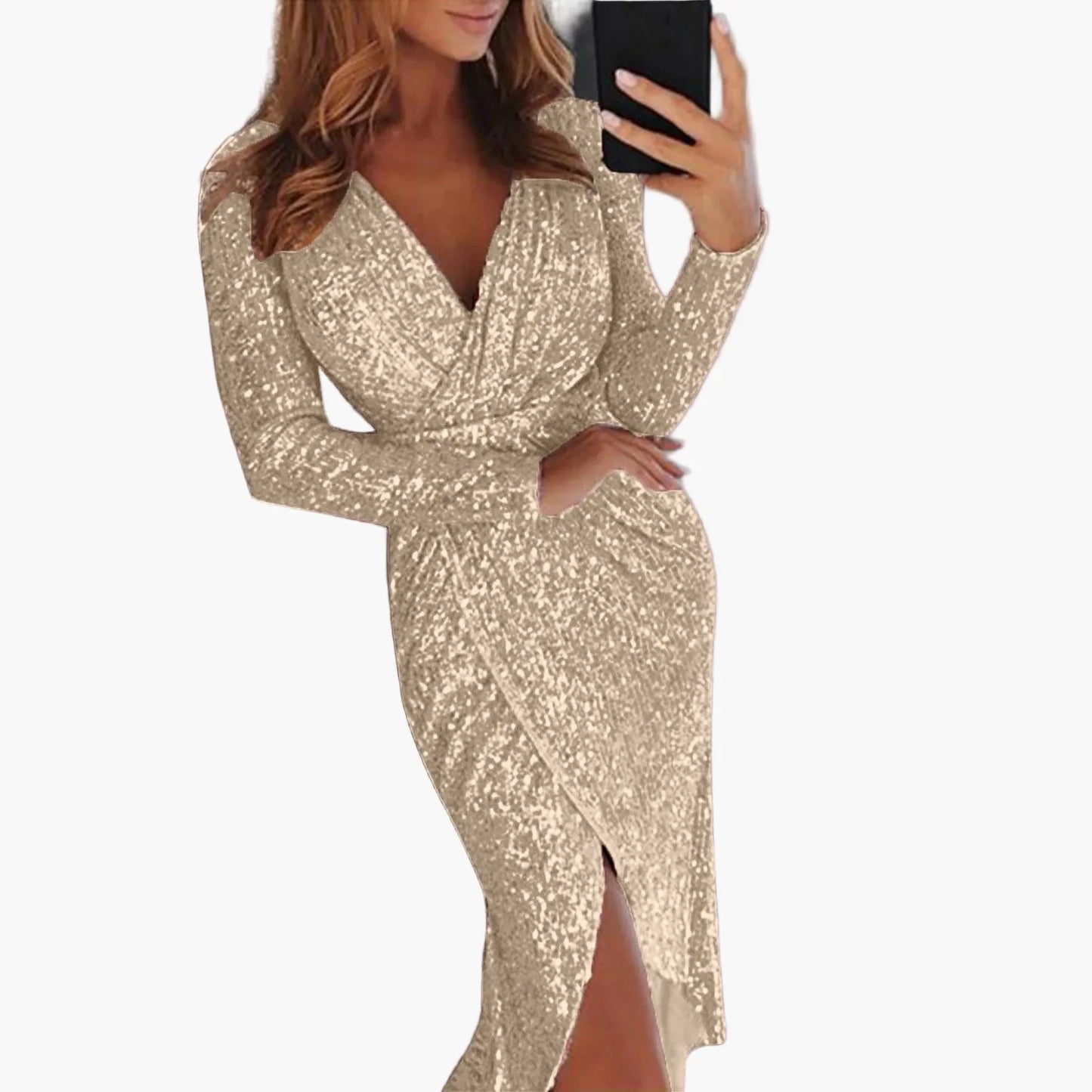 Damen Elegantes Tiefes V-Ausschnitt Paillettenkleid mit Wickeloptik und Raffung – Langarm Abend- & Partykleid für besondere Anlässe